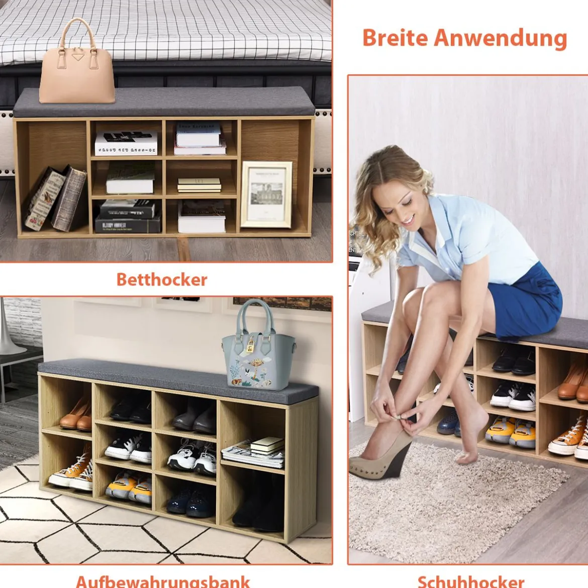 Würfelregal mit 10 Fächern Schuhbank Schuhablage Schuhschrank 104 x 30 x 48 cm Natur