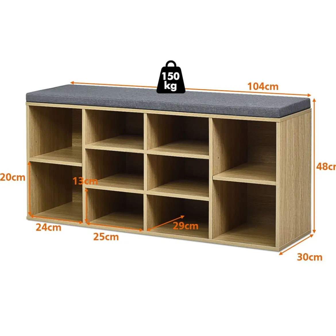Würfelregal mit 10 Fächern Schuhbank Schuhablage Schuhschrank 104 x 30 x 48 cm Natur