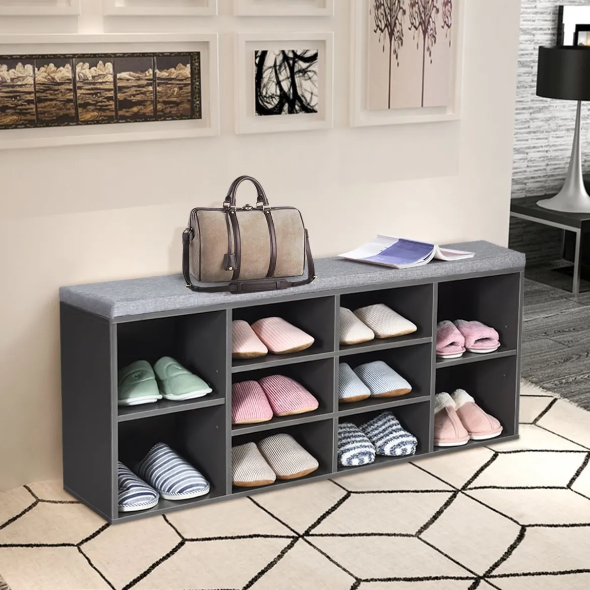 Würfelregal mit 10 Fächern Schuhbank mit Sitzfläche Schuhschrank 104 x 30 x 48 cm Grau
