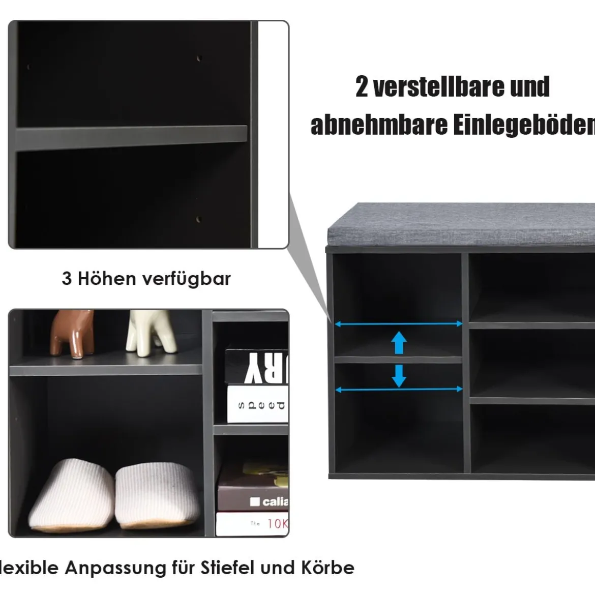 Würfelregal mit 10 Fächern Schuhbank mit Sitzfläche Schuhschrank 104 x 30 x 48 cm Grau