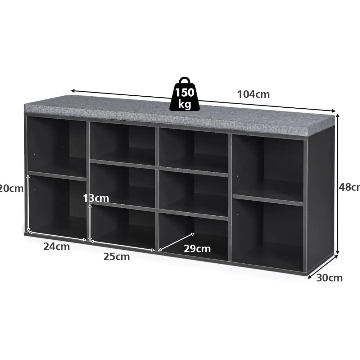 Würfelregal mit 10 Fächern Schuhbank mit Sitzfläche Schuhschrank 104 x 30 x 48 cm Grau