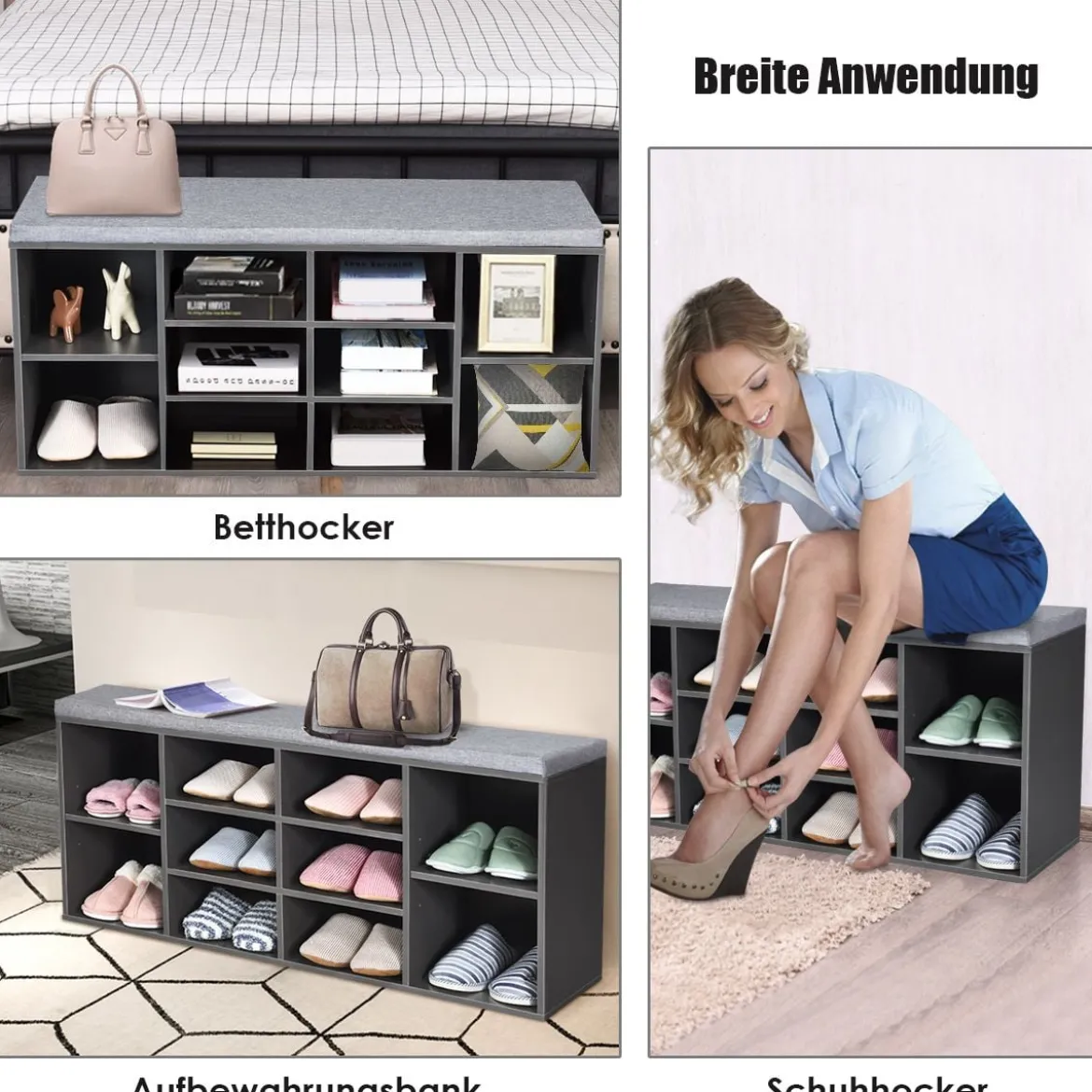 Würfelregal mit 10 Fächern Schuhbank mit Sitzfläche Schuhschrank 104 x 30 x 48 cm Grau