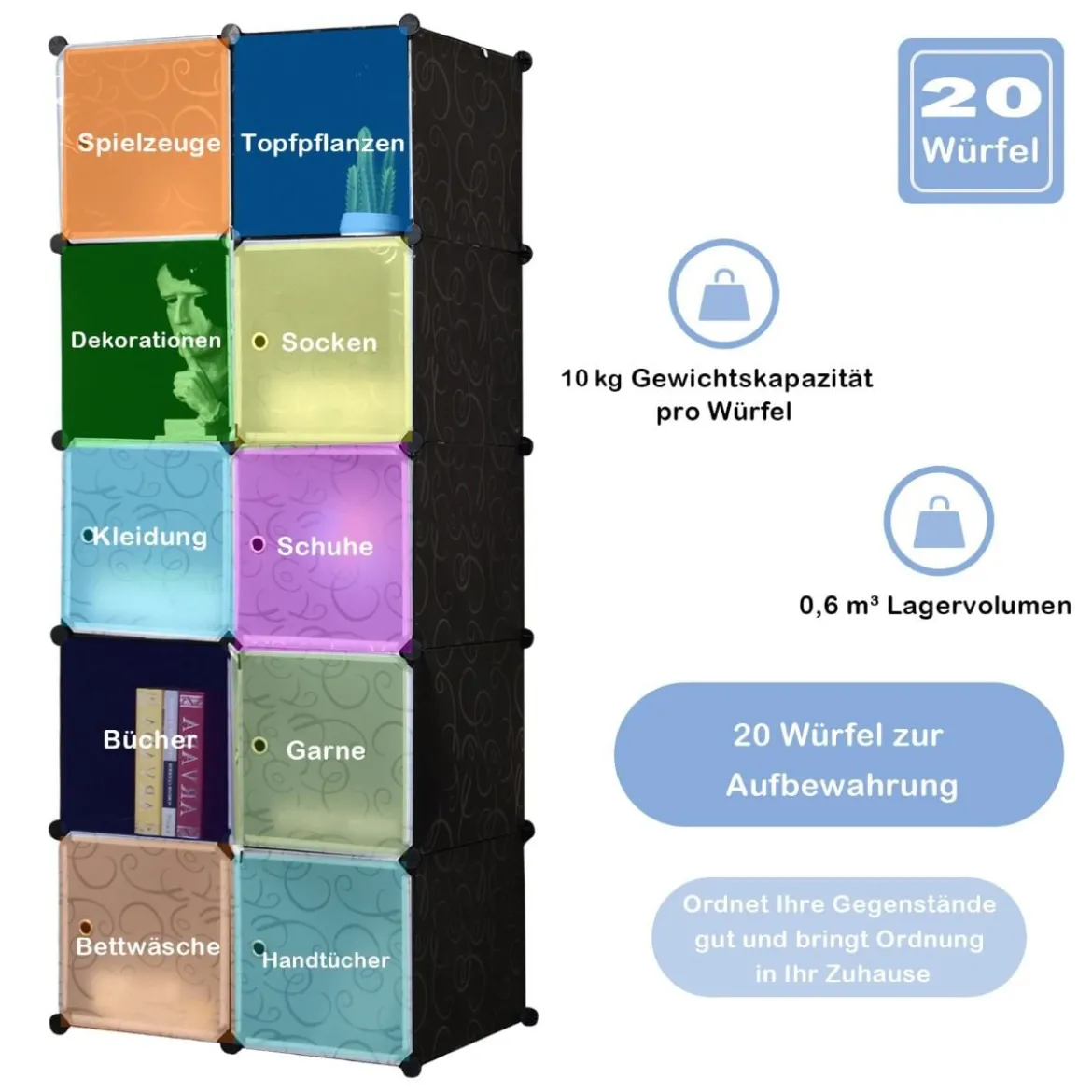20 Würfel Steckregal DIY Würfelregal stapelbar aus Kunststoff Regalsystem Schwarz