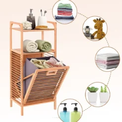 Wäschekorb aus Bambus Badregal Badezimmer Regal mit 2 offenen Regalfächern