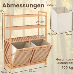 Wäschekorb aus Bambus mit 2 Fächern & 3-stufigem Ablagefach 80 x 30 x 110 cm Natur