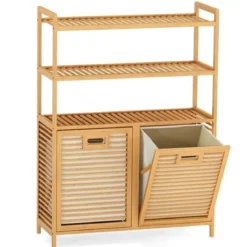Wäschekorb aus Bambus mit 2 Fächern & 3-stufigem Ablagefach 80 x 30 x 110 cm Natur