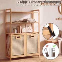 Wäschekorb aus Bambus mit 2 Fächern & 3-stufigem Ablagefach 80 x 30 x 110 cm Natur