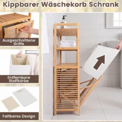 Wäschekorb aus Bambus mit 2 Fächern & 3-stufigem Ablagefach 80 x 30 x 110 cm Natur