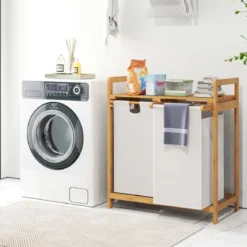 Wäschekorb 2 Fächer mit 2 ausziehbaren Wäschesäcken Wäschesammler mit Ablage Weiß/Grau