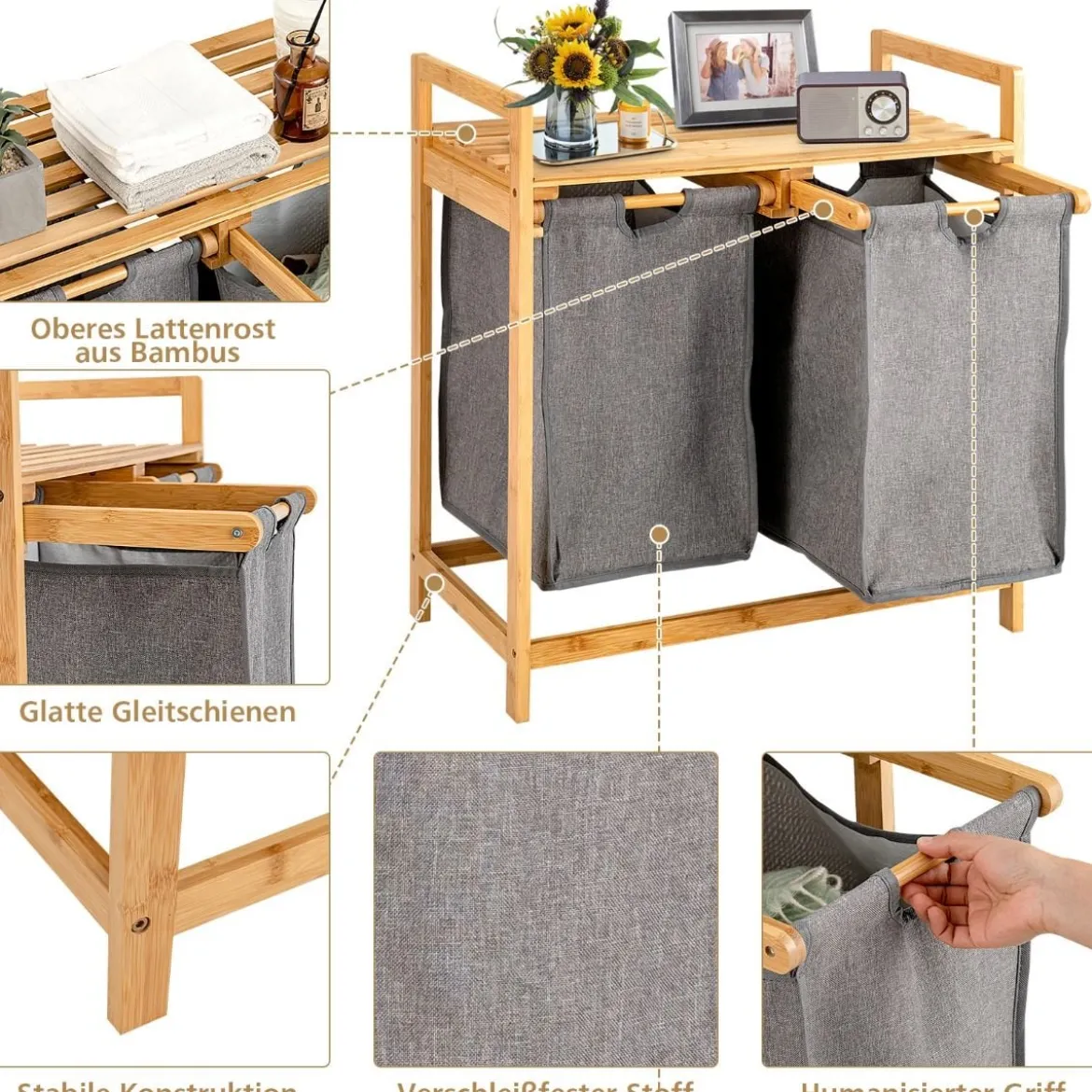 Wäschekorb 2 Fächer mit 2 ausziehbaren Wäschesäcken Wäschesammler mit Ablage Weiß/Grau