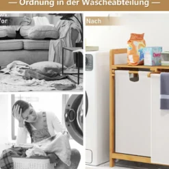 Wäschekorb 2 Fächer mit 2 ausziehbaren Wäschesäcken Wäschesammler mit Ablage Weiß/Grau