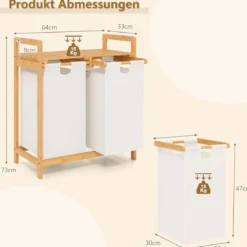 Wäschekorb 2 Fächer mit 2 ausziehbaren Wäschesäcken Wäschesammler mit Ablage Weiß/Grau