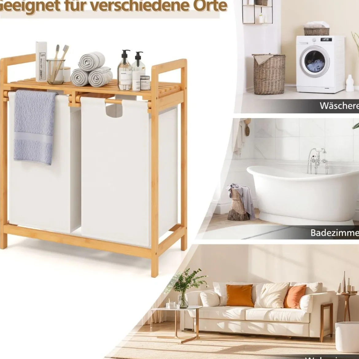 Wäschekorb 2 Fächer mit 2 ausziehbaren Wäschesäcken Wäschesammler mit Ablage Weiß/Grau
