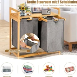 Wäschekorb 2 Fächer mit 2 ausziehbaren Wäschesäcken Wäschesammler mit Ablage Weiß/Grau