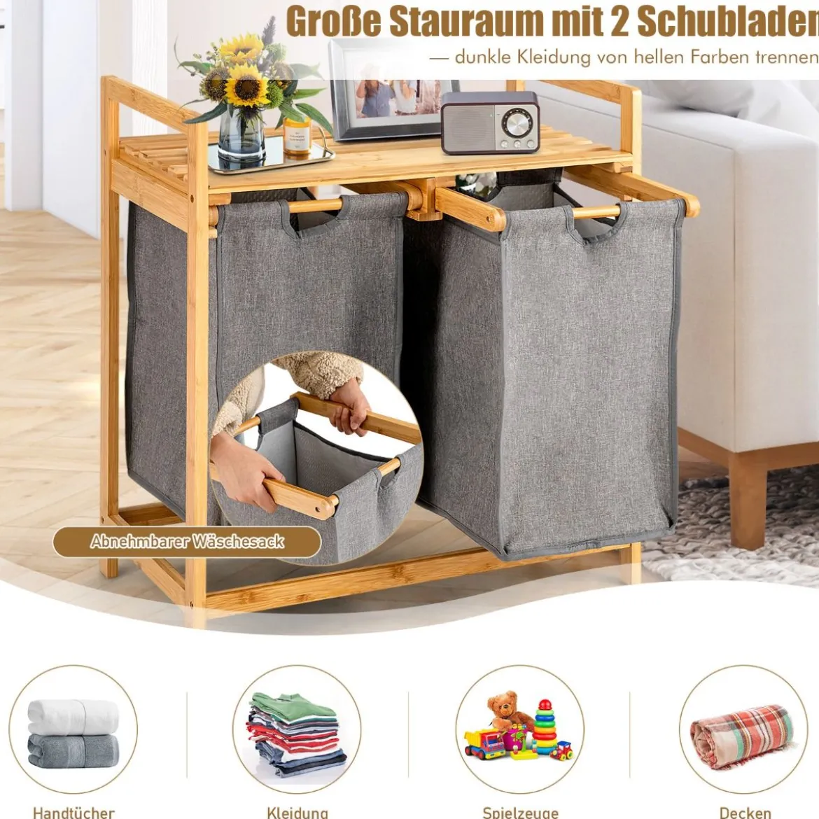 Wäschekorb 2 Fächer mit 2 ausziehbaren Wäschesäcken Wäschesammler mit Ablage Weiß/Grau