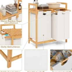 Wäschekorb 2 Fächer mit 2 ausziehbaren Wäschesäcken Wäschesammler mit Ablage Weiß/Grau