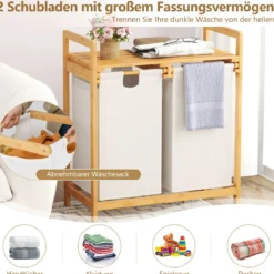 Wäschekorb 2 Fächer mit 2 ausziehbaren Wäschesäcken Wäschesammler mit Ablage Weiß/Grau