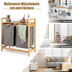 Wäschekorb 2 Fächer mit 2 ausziehbaren Wäschesäcken Wäschesammler mit Ablage Weiß/Grau