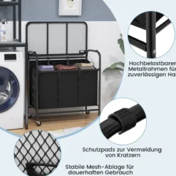 Wäschekorb mit Bügelbrett & 3 Fächern & Deckel & Rollen Wäschesammler Wäschesortierwagen