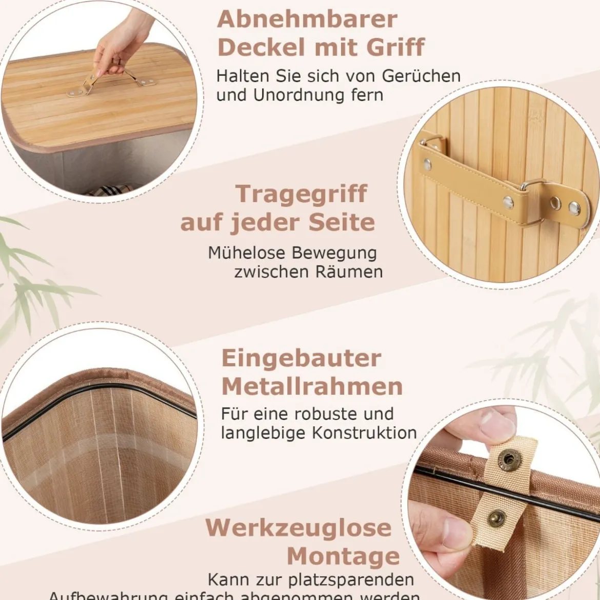 Wäschekorb mit Deckel Bambuskorb mit Innentasche & 72 L Kapazität 42 x 32 x 60 cm Natur