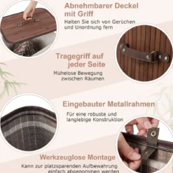 Wäschekorb mit Deckel Bambuskorb mit Innentasche & 72 L Kapazität 42 x 32 x 60 cm Kaffee