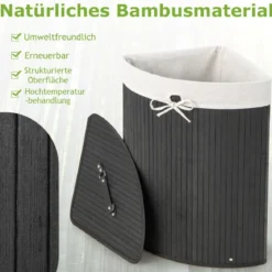 Wäschekorb mit Deckel Bambuskorb mit 58 L Fassungsvermögen 38 x 38 x 60 cm Schwarz