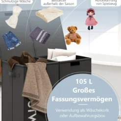 Wäschekorb mit Deckel 105 L Wäschebehälter mit 2 herausnehmbaren Wäschesäcken Schwarz