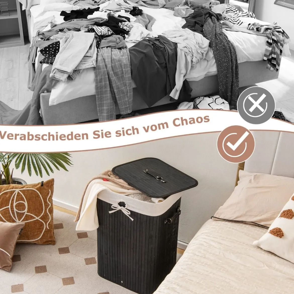 Wäschekorb mit Deckel 72L Wäschesammler aus Bambus mit Griffen Schwarz