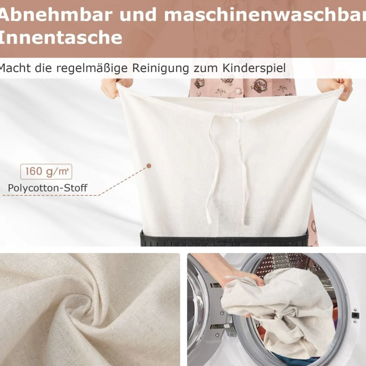 Wäschekorb mit Deckel 72L Wäschesammler aus Bambus mit Griffen Schwarz