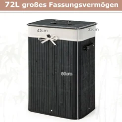 Wäschekorb mit Deckel 72L Wäschesammler aus Bambus mit Griffen Schwarz