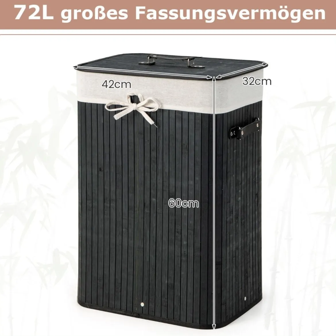 Wäschekorb mit Deckel 72L Wäschesammler aus Bambus mit Griffen Schwarz