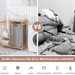 Wäschekorb mit Fächer Wäschesammler mit Ablage Wäschesortierer mit offenen Regalen 80 x 34 x 81cm Natürlich