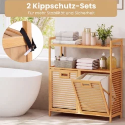 Wäschekorb mit 27 L Wäschesammler Erhöhten Kanten & 2 Fächer aus Bambus 80 x 30 x 92 cm Natur