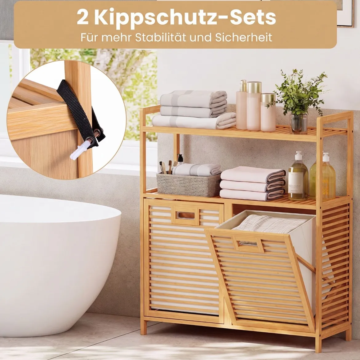 Wäschekorb mit 27 L Wäschesammler Erhöhten Kanten & 2 Fächer aus Bambus 80 x 30 x 92 cm Natur