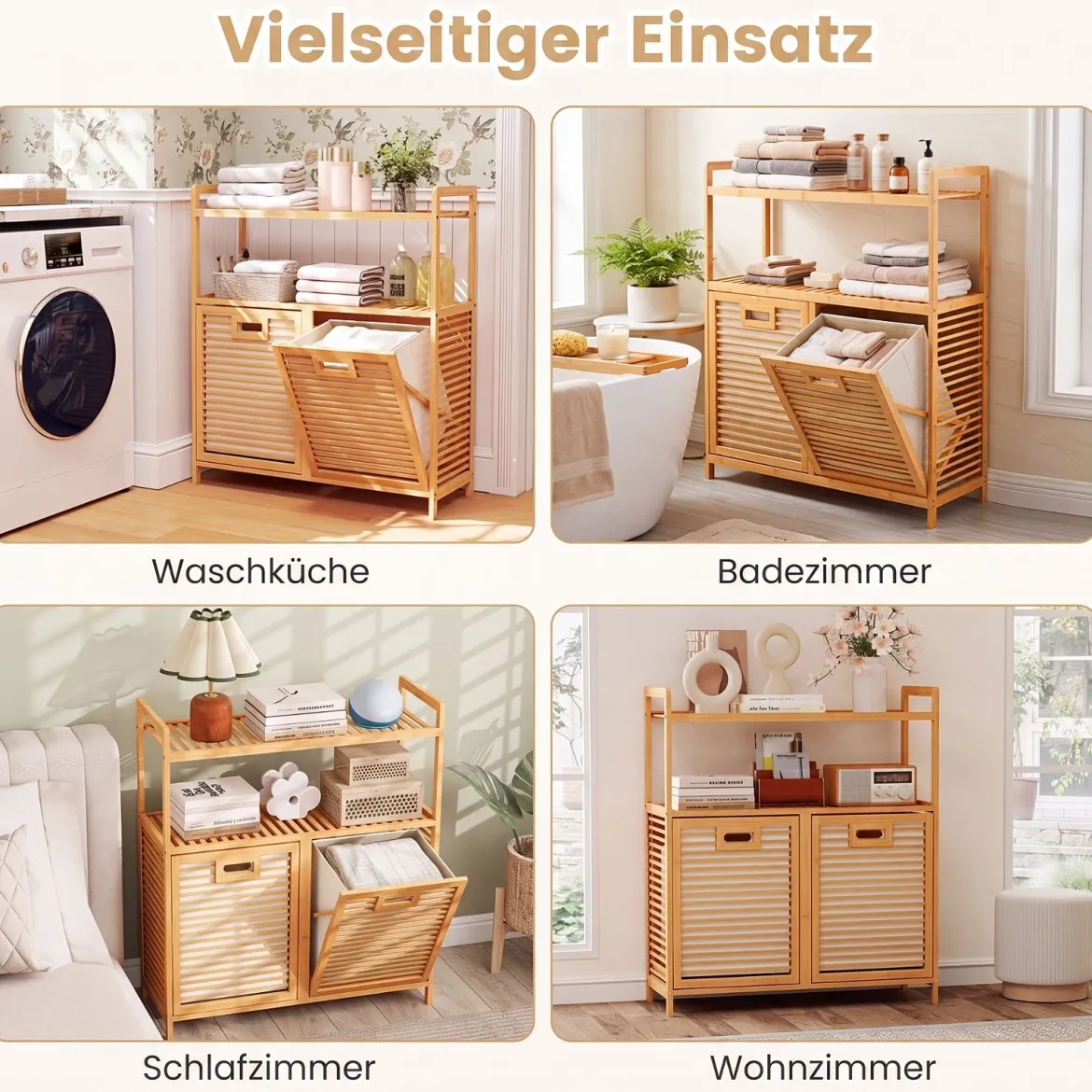 Wäschekorb mit 27 L Wäschesammler Erhöhten Kanten & 2 Fächer aus Bambus 80 x 30 x 92 cm Natur