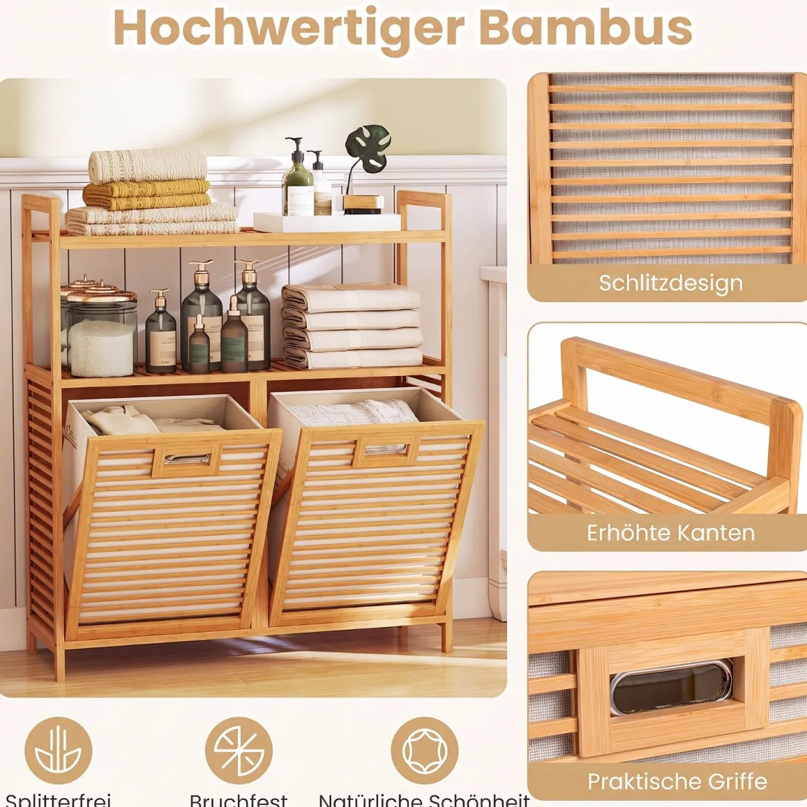 Wäschekorb mit 27 L Wäschesammler Erhöhten Kanten & 2 Fächer aus Bambus 80 x 30 x 92 cm Natur