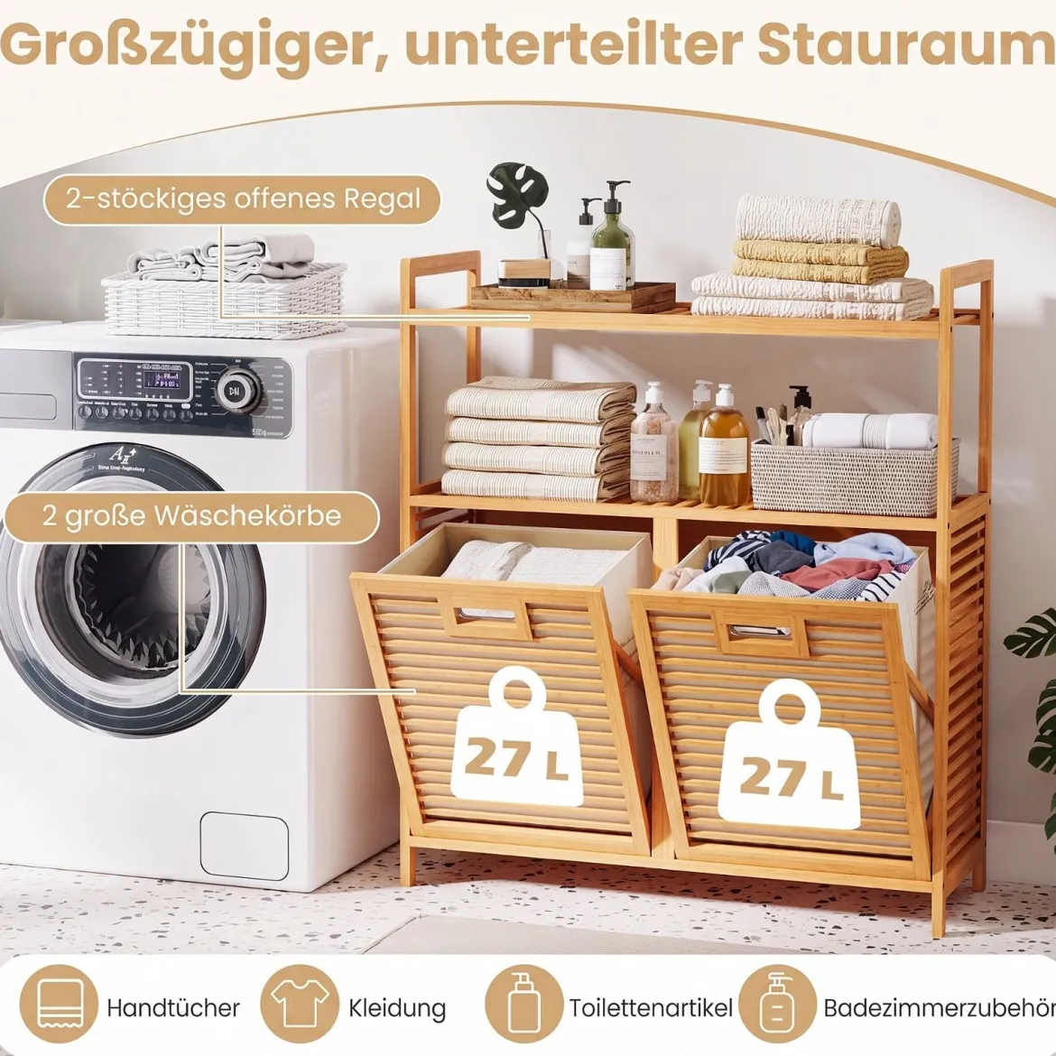Wäschekorb mit 27 L Wäschesammler Erhöhten Kanten & 2 Fächer aus Bambus 80 x 30 x 92 cm Natur