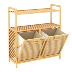 Wäschekorb mit 27 L Wäschesammler Erhöhten Kanten & 2 Fächer aus Bambus 80 x 30 x 92 cm Natur