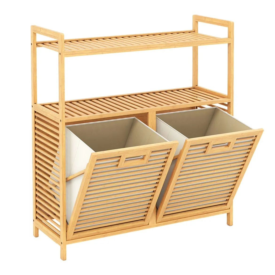 Wäschekorb mit 27 L Wäschesammler Erhöhten Kanten & 2 Fächer aus Bambus 80 x 30 x 92 cm Natur