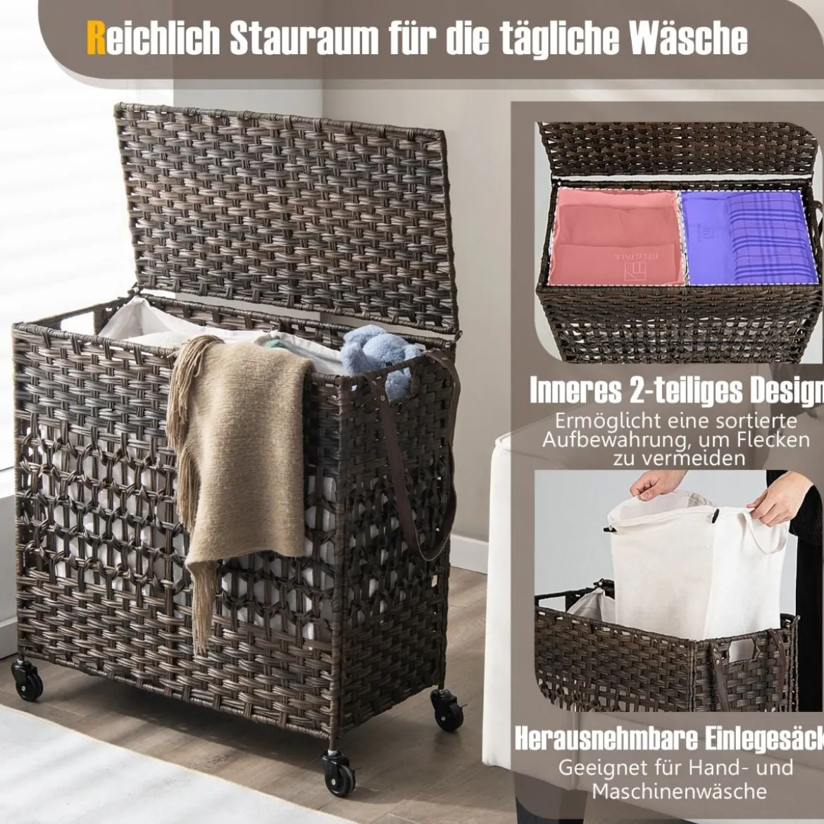 Wäschekorb Wäschesammler mit Deckel 2 Fächern & 110L Kapazität 64,5 x 33 x 67 cm Braun