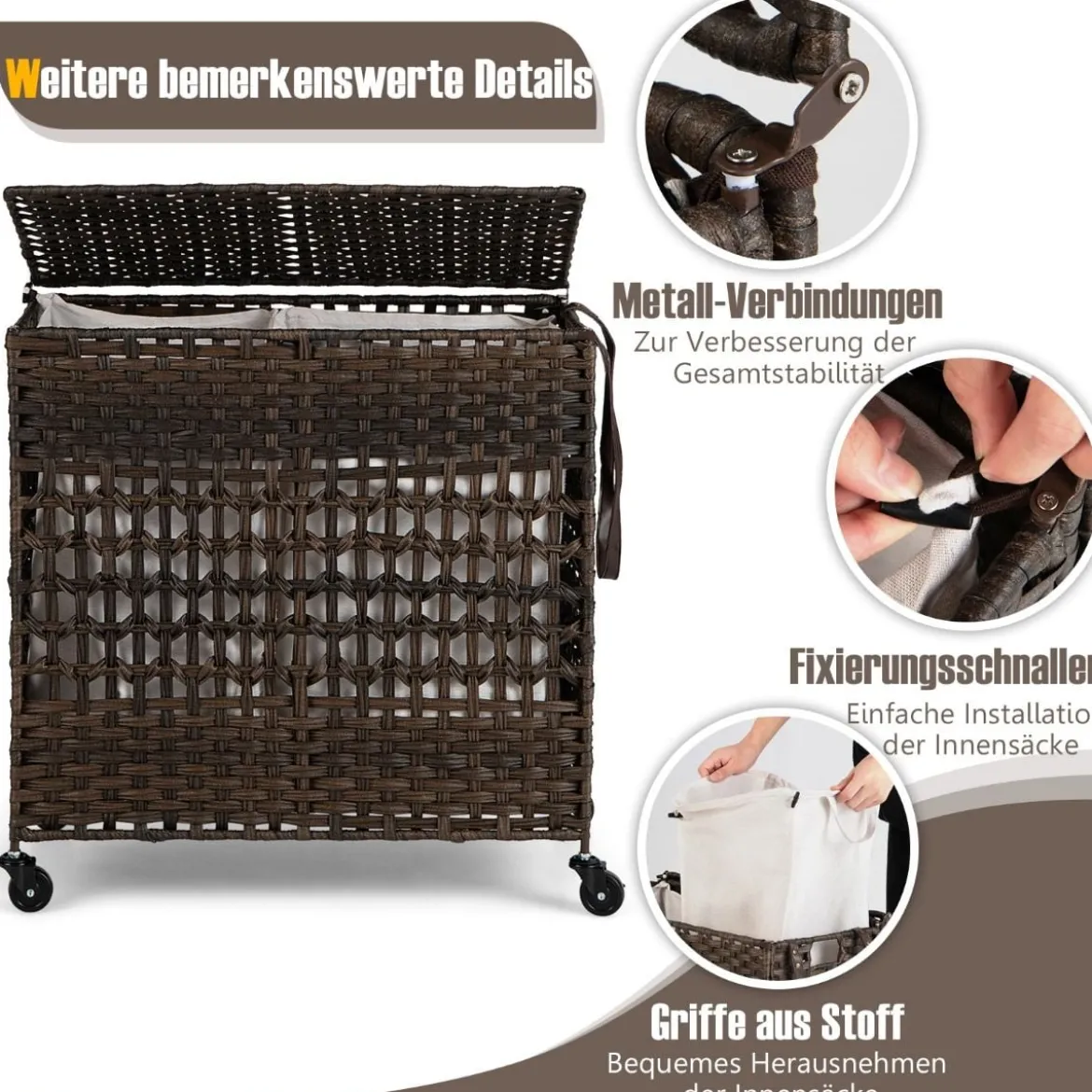 Wäschekorb Wäschesammler mit Deckel 2 Fächern & 110L Kapazität 64,5 x 33 x 67 cm Braun