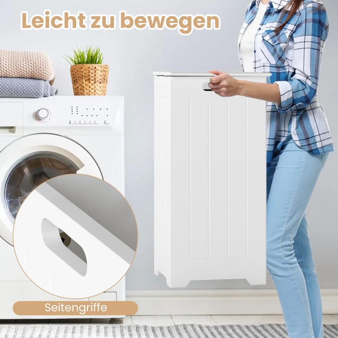 Wäscheschrank freistehend Wäschetruhe Holz Wäschesammler mit Deckel und Tasche Weiß