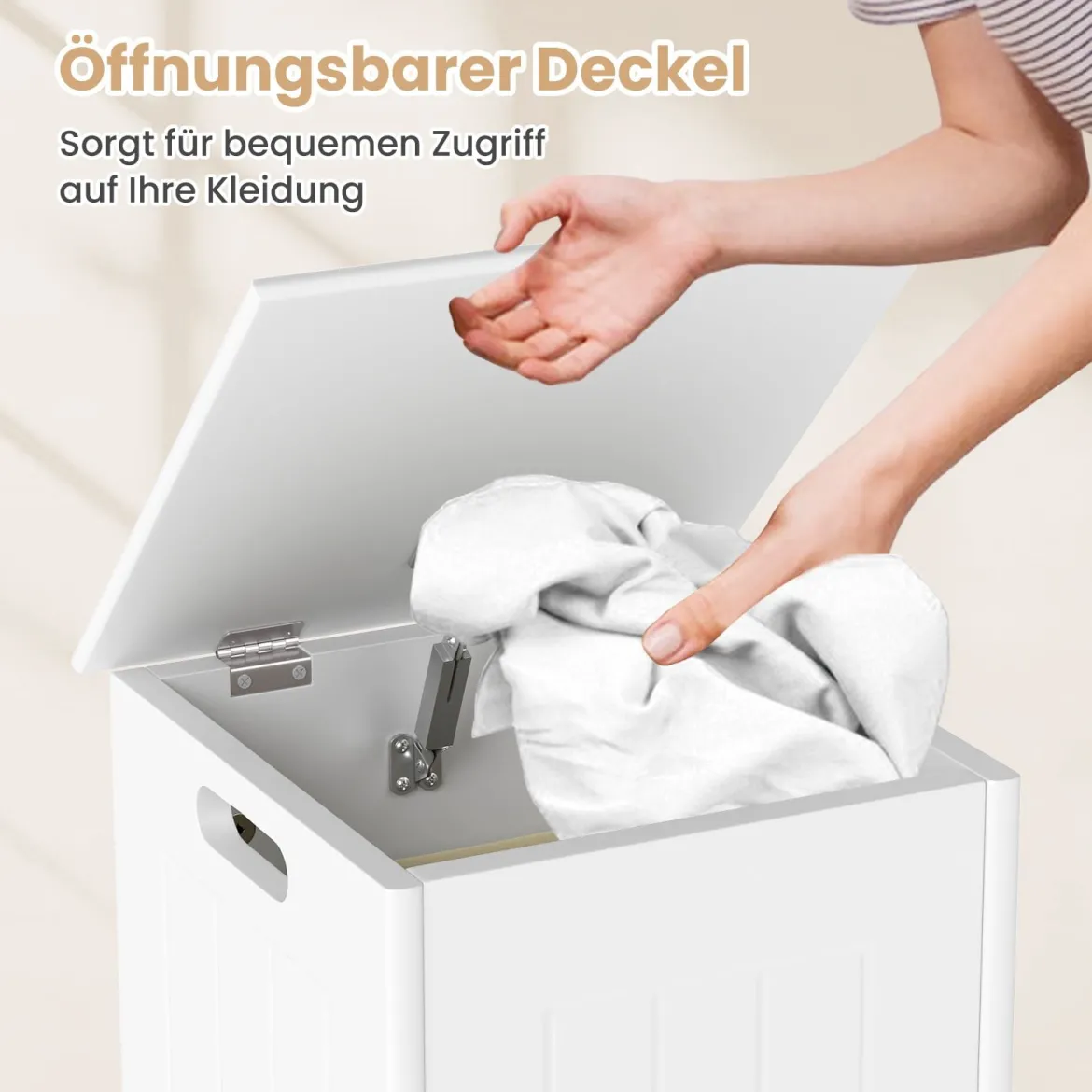 Wäscheschrank freistehend Wäschetruhe Holz Wäschesammler mit Deckel und Tasche Weiß