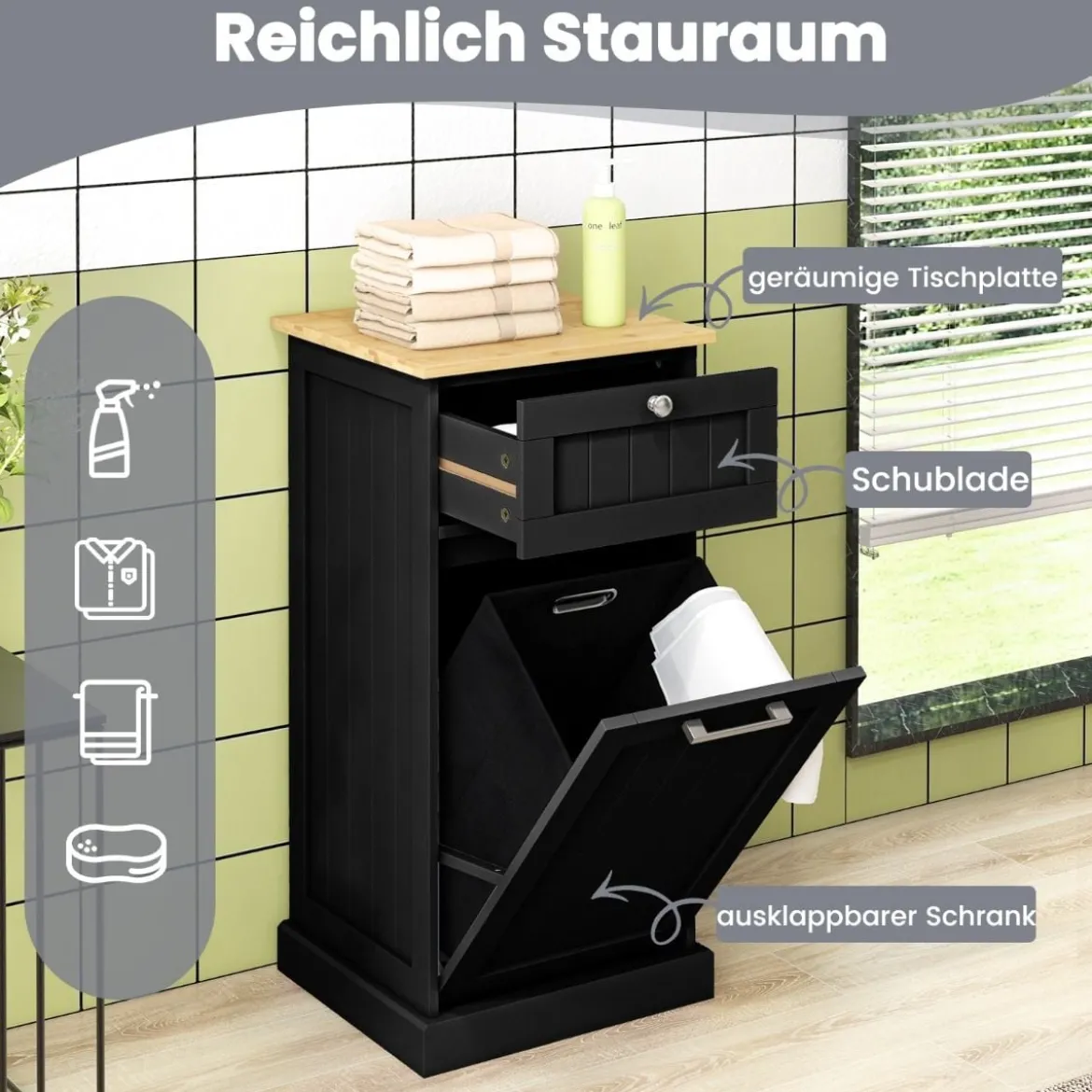 Wäscheschrank mit Wäschekorb & Schublade & Bambus Tischplatte Wäschesammler Badschrank