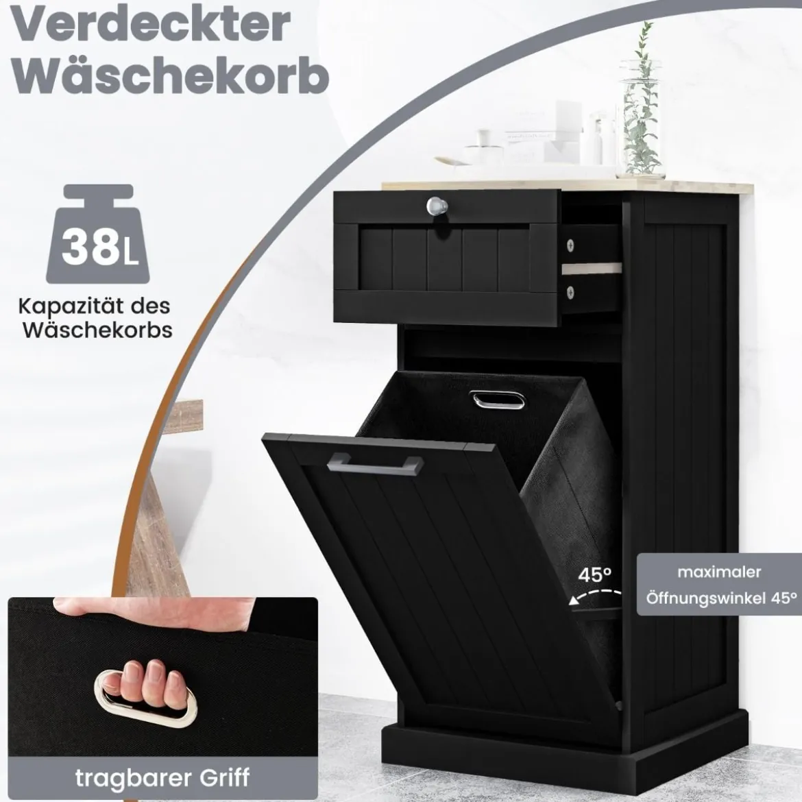 Wäscheschrank mit Wäschekorb & Schublade & Bambus Tischplatte Wäschesammler Badschrank