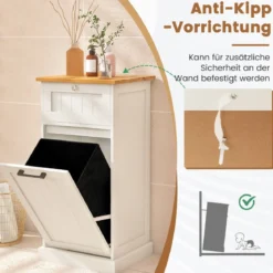 Wäscheschrank mit Wäschekorb & Schublade & Bambus Tischplatte Wäschesammler Badschrank