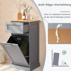 Wäscheschrank mit Wäschekorb & Schublade & Bambus Tischplatte Wäschesammler Badschrank