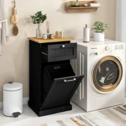 Wäscheschrank mit Wäschekorb & Schublade & Bambus Tischplatte Wäschesammler Badschrank