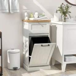 Wäscheschrank mit Wäschekorb & Schublade & Bambus Tischplatte Wäschesammler Badschrank