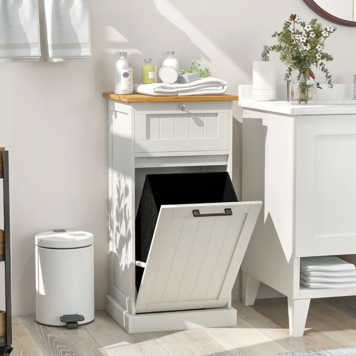 Wäscheschrank mit Wäschekorb & Schublade & Bambus Tischplatte Wäschesammler Badschrank